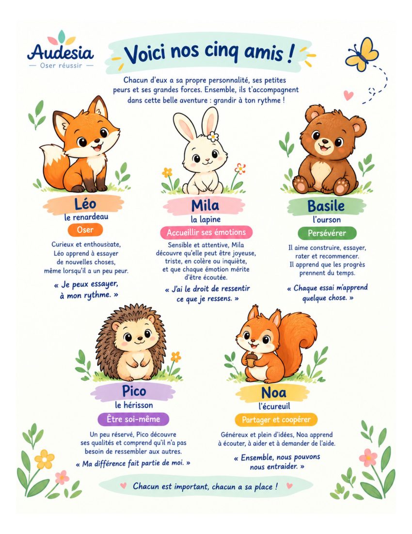 Page Voici nos cinq amis, avec Léo, Mila, Basile, Pico et Noa
